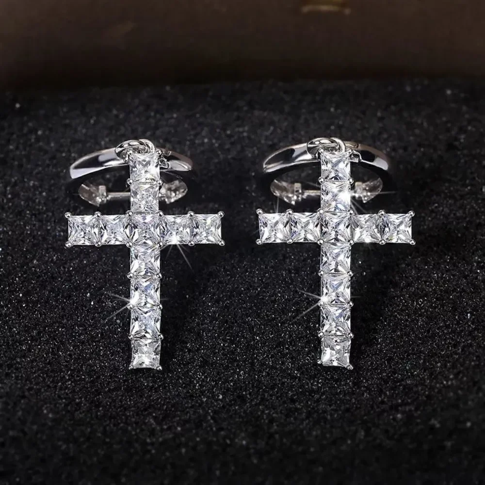 Large Asscher Cut Cross Earrings in White Gold